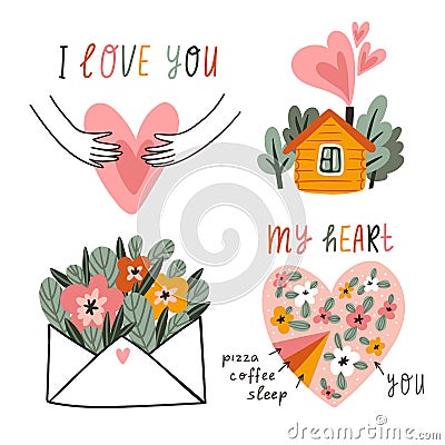 Vector hand drawn illustration. Valentine`s day card design. Love messages. Set of valentines Cartoon Illustration